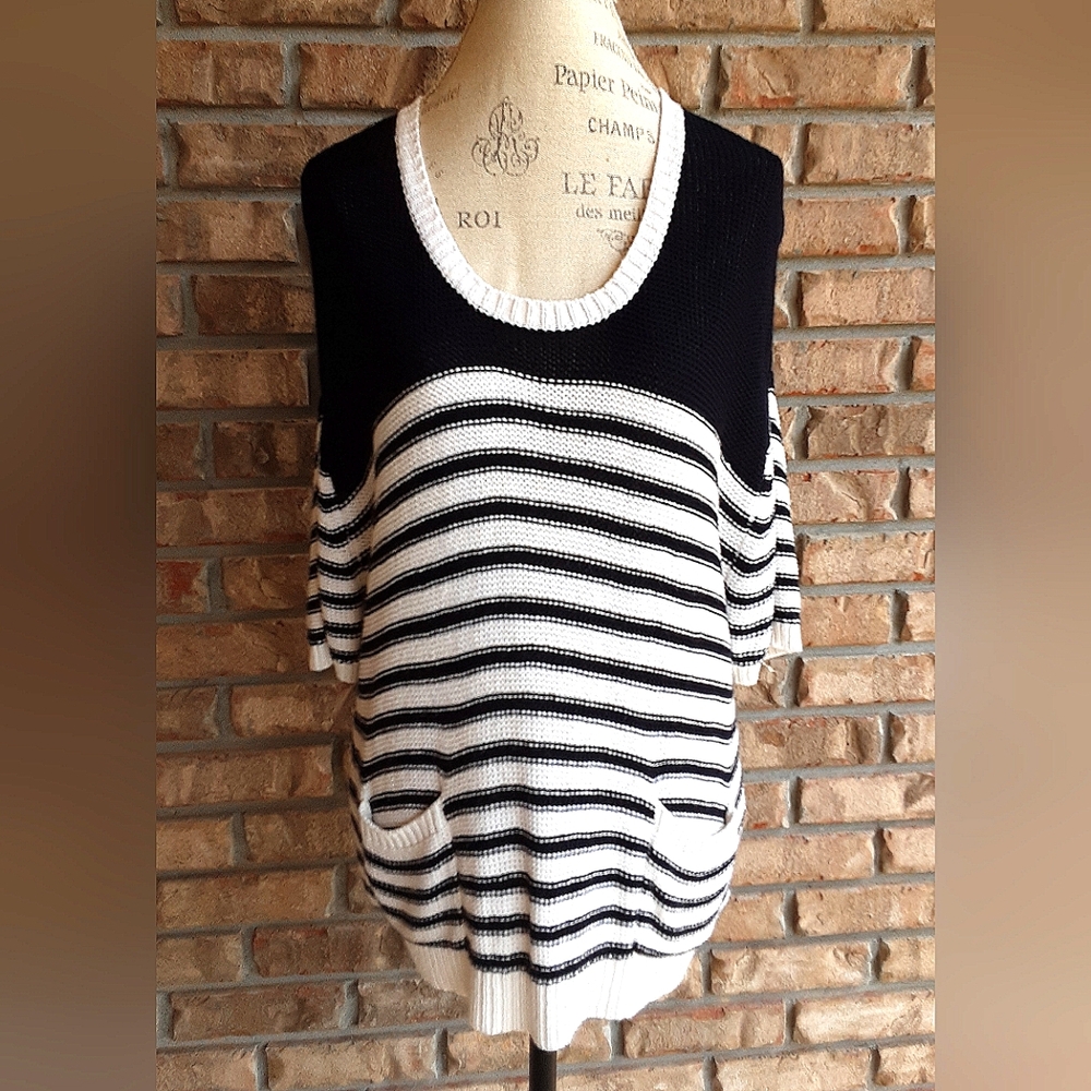 Velvet Navy & White Stripe Short Sleeve Knit Sweater.